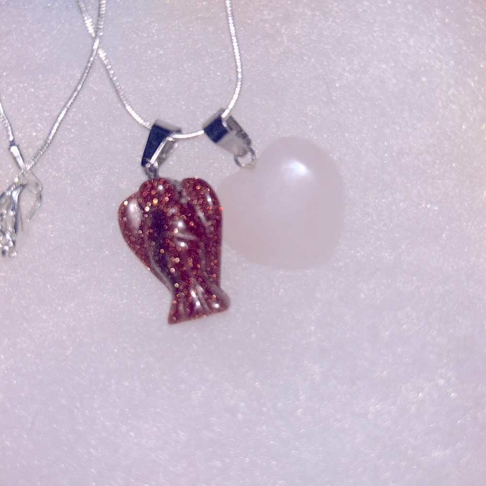 Boho Goldstone Crystal Angel & Rose Quartz Heart Sterling Silver Necklace 16”